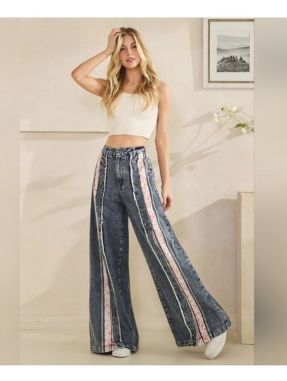 Oli & Hali Boutique Wide Leg Denim Jeans Floral XL Distressed Stretch Waist